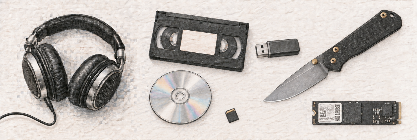Pencil illustration of headphones, a VHS tape, a black folding knife with its blade open, an optical disc, a microSD memory card, a USB flash drive, and an M.2 SSD.