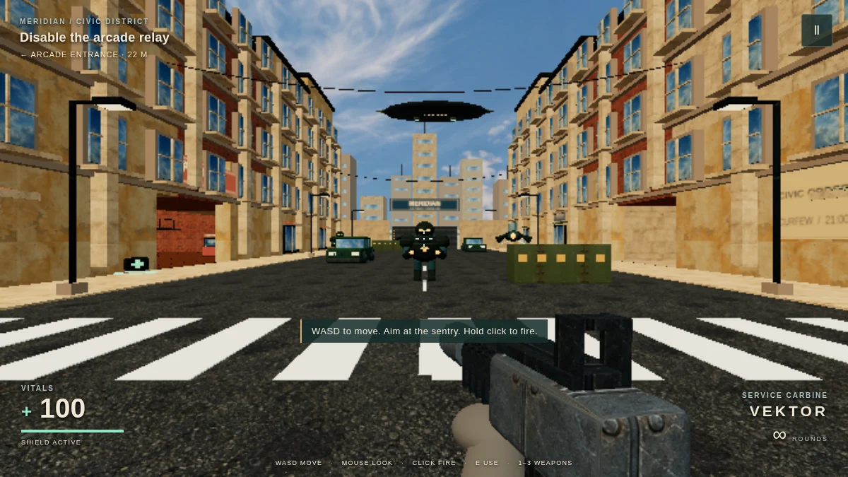Meridian Fall: an occupied-city street with a sentry, objective marker, and weapon HUD.