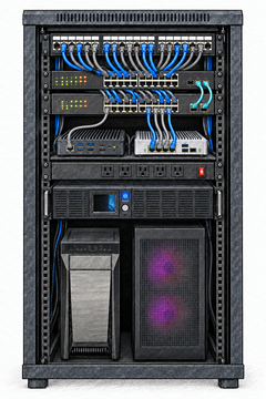 Colored-pencil illustration of a home lab rack with connected switches, finned computers, power equipment, and two towers