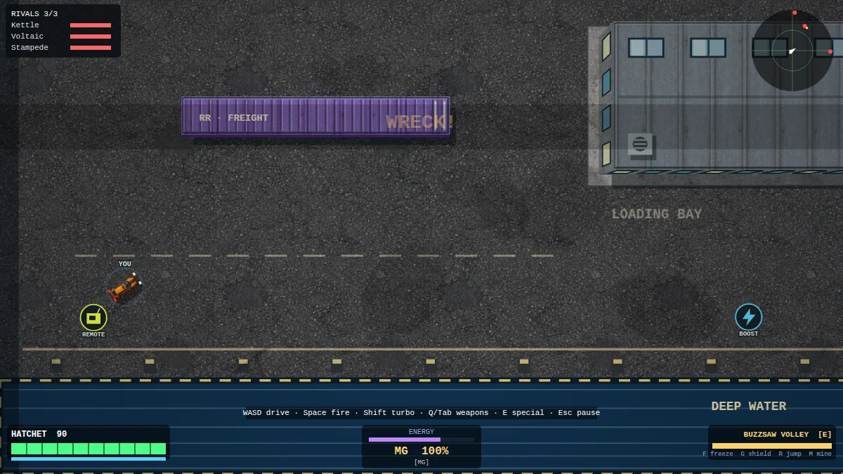 Rust Riot: the Hatchet car at a loading bay with rival, health, and weapon HUD.